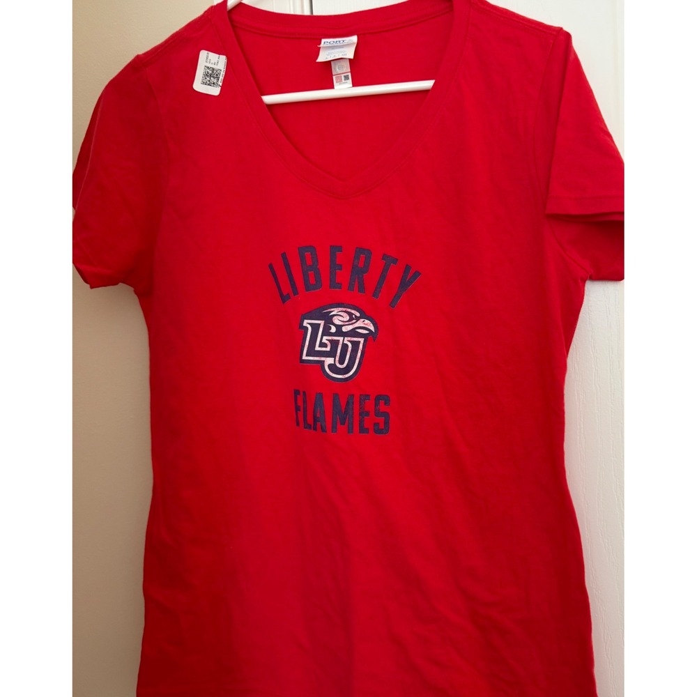Port & Company Liberty Flames V-Neck T-Shirt Red Ladies Small Ring Spun Cotton